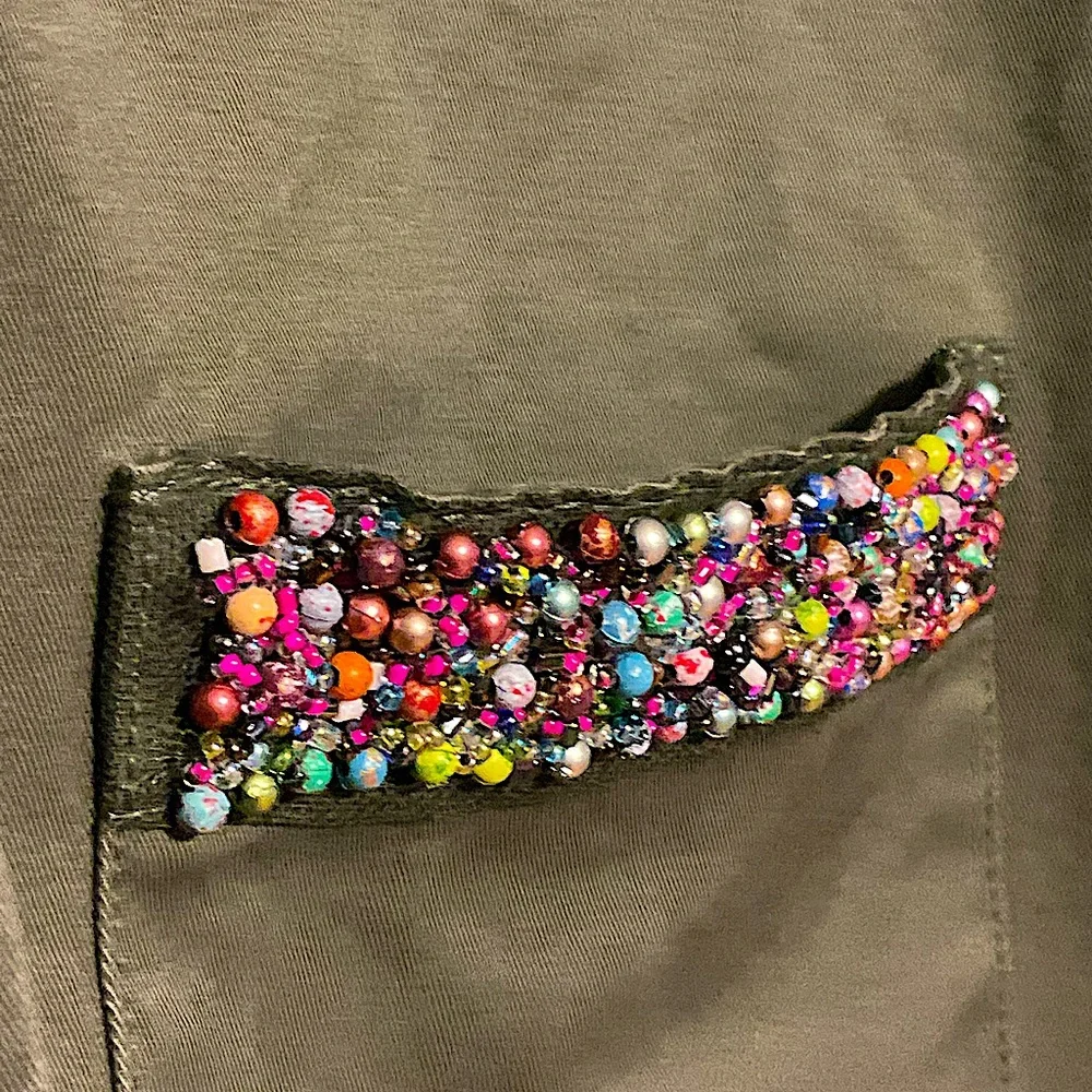 A NEW DAY sz Small Utility Jacket Beaded Trim Lightweight Pockets Olive Green